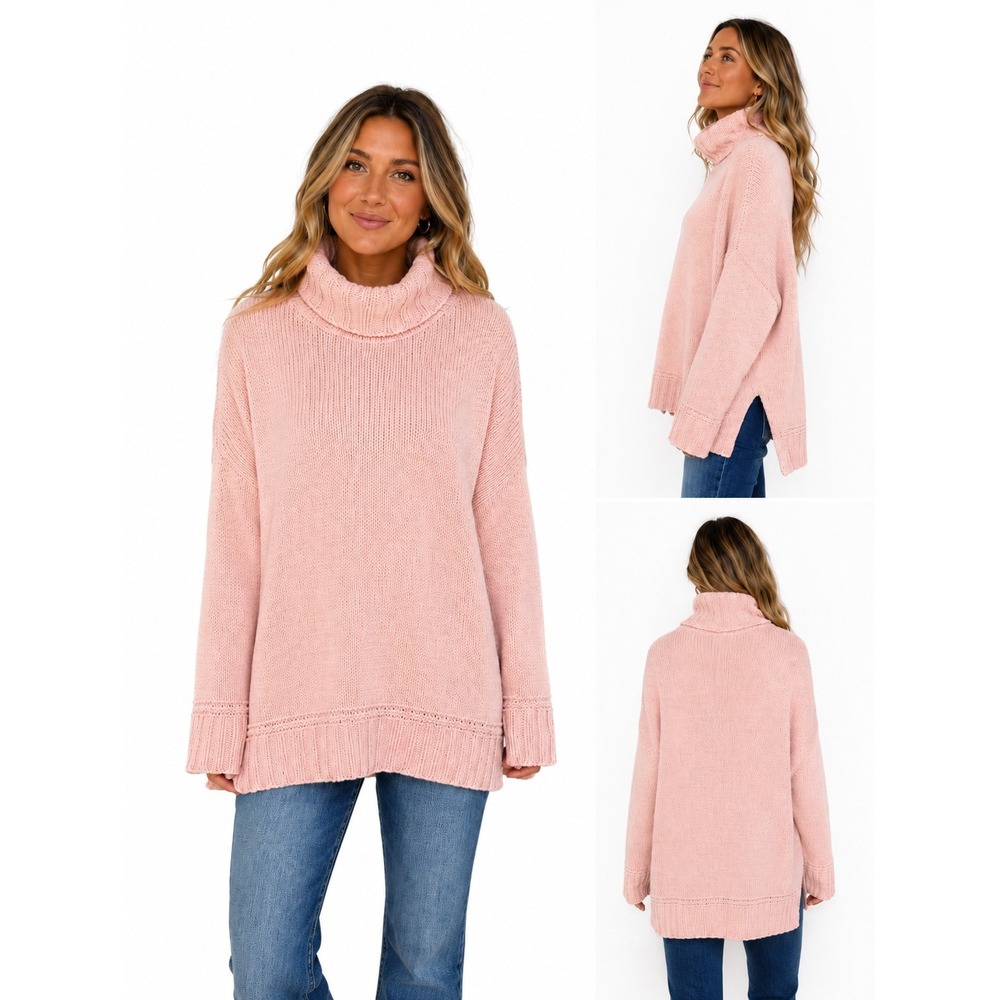 Aerie‎ Womens Pink Oversized Chenille Turtleneck Sweater Side Slits Size Large